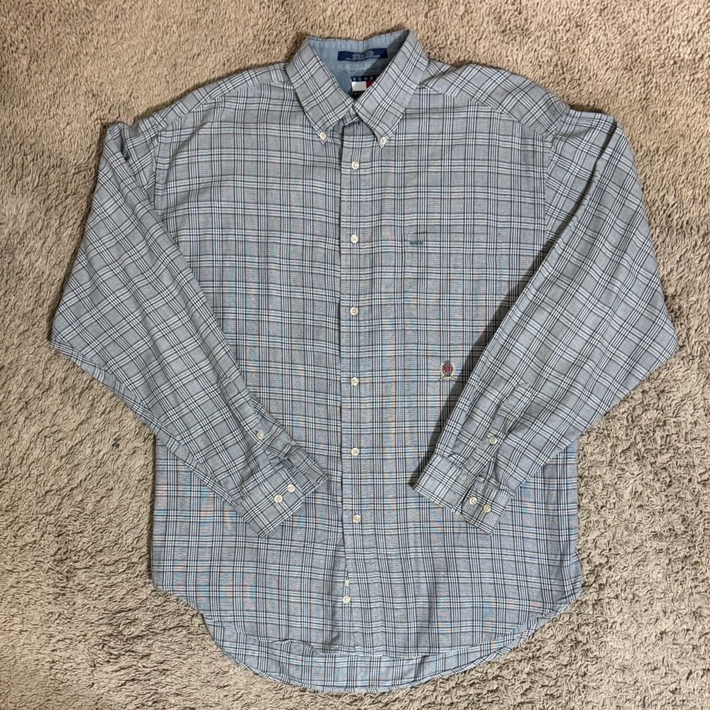 Tommy Hilfiger Men's Gray Plaid Long Sleeve Button Down Shirt size L Office